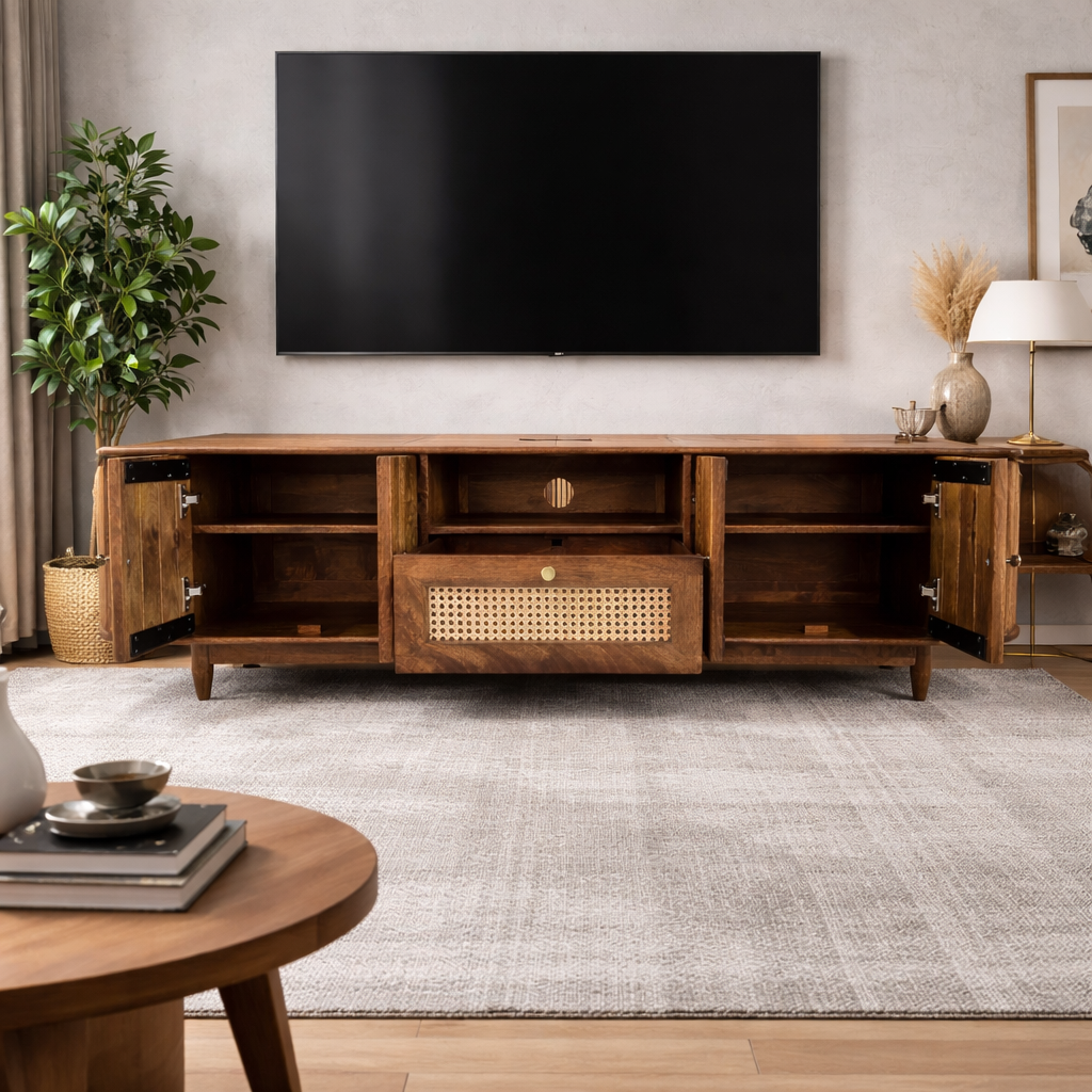 RIBBED Solid Mango Wood TV Unit with Rattan Cane Work | 2 Door & 1 Drawer Media Unit