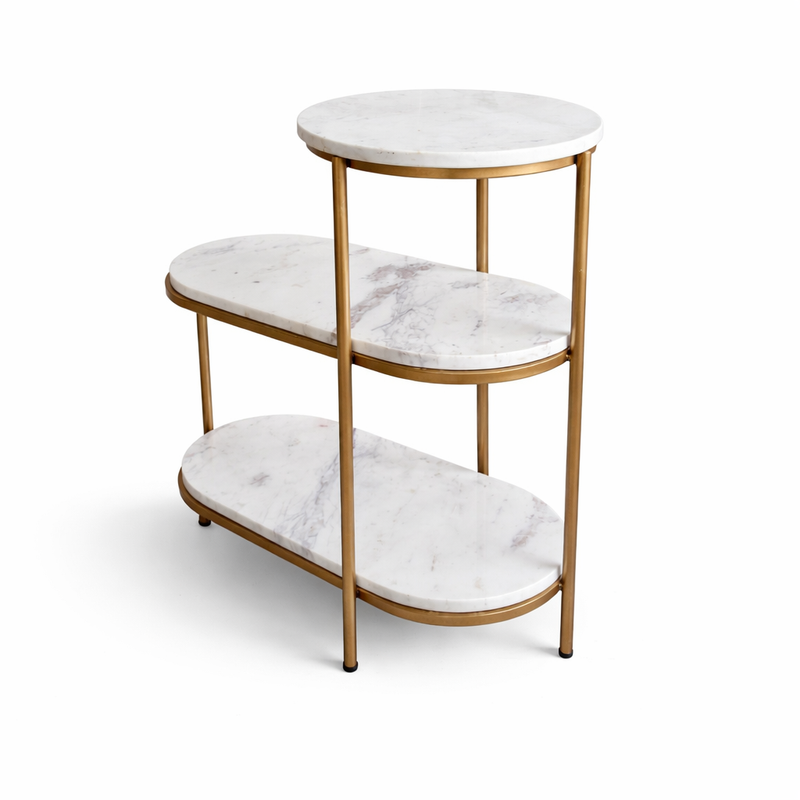 Modern Marble Top Side Table with Gold Finish Metal Base 3 Step