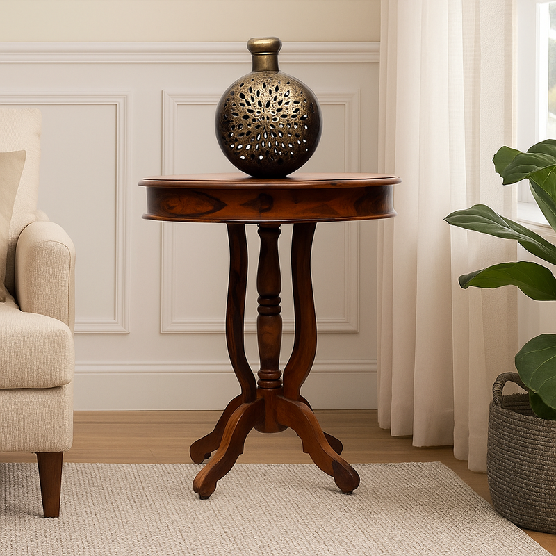 Suryavanshi Sheesham Wooden Round End Table with Carved French Leg Round Accent Table, Bed Side Table, Side Table, 45D x 45W x 55H Centimeters