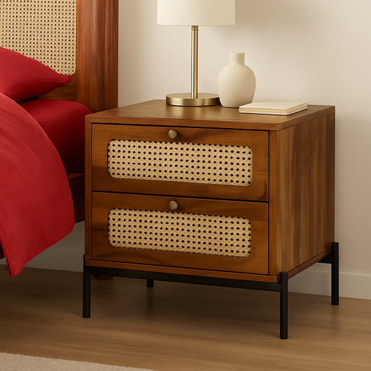 Suryavanshi Sheesham Wood Bedside Table with Cane Drawer Fronts & Metal Legs – 2 Drawer Nightstand for Bedroom (Natural Finish)