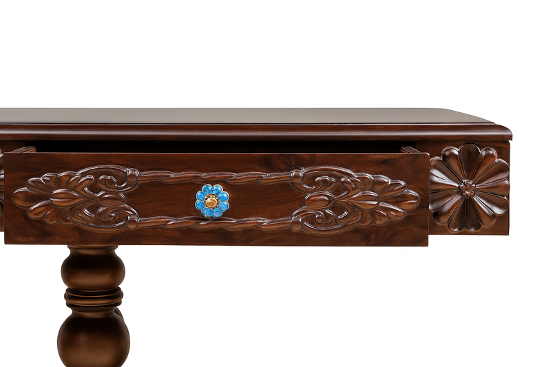 OREO Sheesham Wood Hand-Carved Console Table with Turned Legs – Dark Walnut Finish