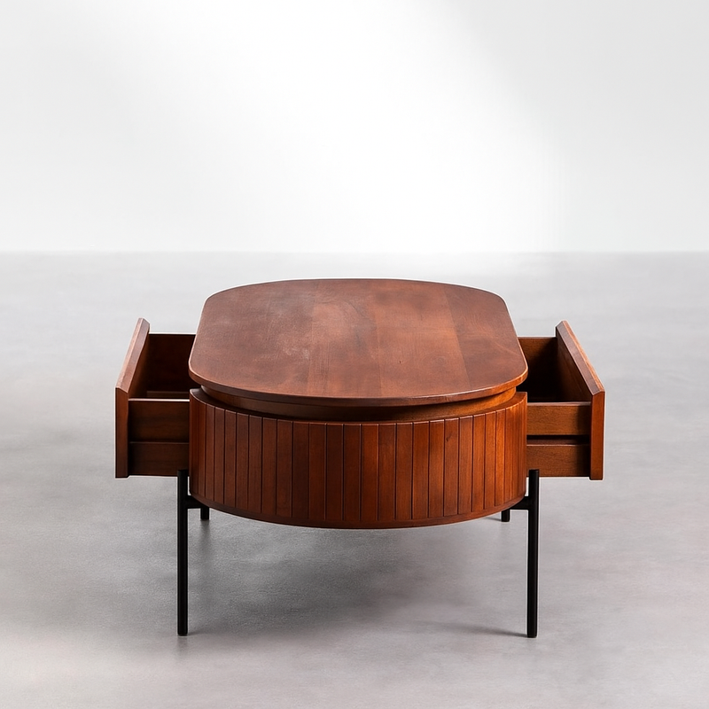 Mango Wood Coffee Table with Black Powder Coated Iron Legs (Oval Shape)