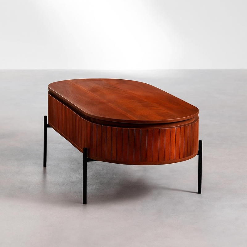 Mango Wood Coffee Table with Black Powder Coated Iron Legs (Oval Shape)