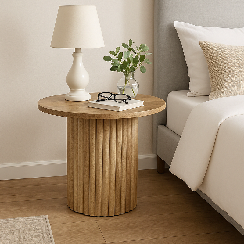 Suryavanhsi Round Mango Wooden Side Table, Fluted Base Design, Rustic Grey, End Table, Bed Room Table, Lamp Table, H40 x W40 x D40 Cm (Natural Finish)