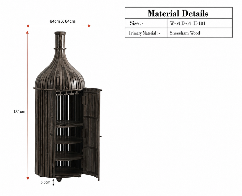Sheesham Wood Bottle Shape Bar Cabinet with Glass Holder & Wine Storage- Small