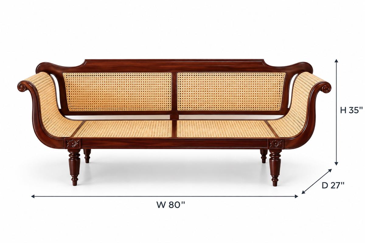 Handcrafted Solid Wood & Natural Cane Sofa | British Colonial Style Living Room Couch with Rattan Weaving