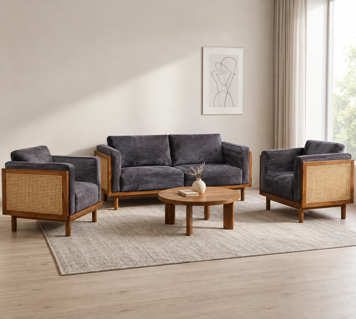 Linen Haze Striped Sofa Sheesham Wood 3 -Seater Sofa with Handwoven Cane Panel - Honey Finish