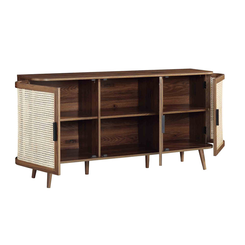 Suryavanshi Mango Wood Sideboard Cabinet with Cane Doors | 6 Compartment Storage Unit for Living Room, Dining Room & Entryway (Walnut Finish)