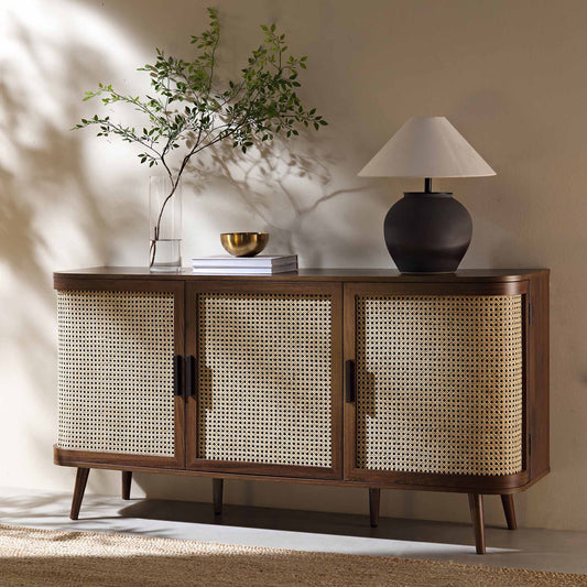 Suryavanshi Mango Wood Sideboard Cabinet with Cane Doors | 6 Compartment Storage Unit for Living Room, Dining Room & Entryway (Walnut Finish)