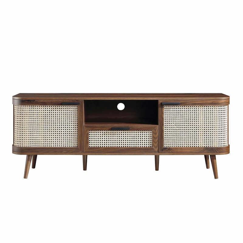 Suryavanshi Solid Wood TV Unit with Cane Woven Doors | Mango Wood Entertainment Console | Mid-Century Modern TV Stand for Living Room & Hall – Walnut Finish, Up to 65 Inch