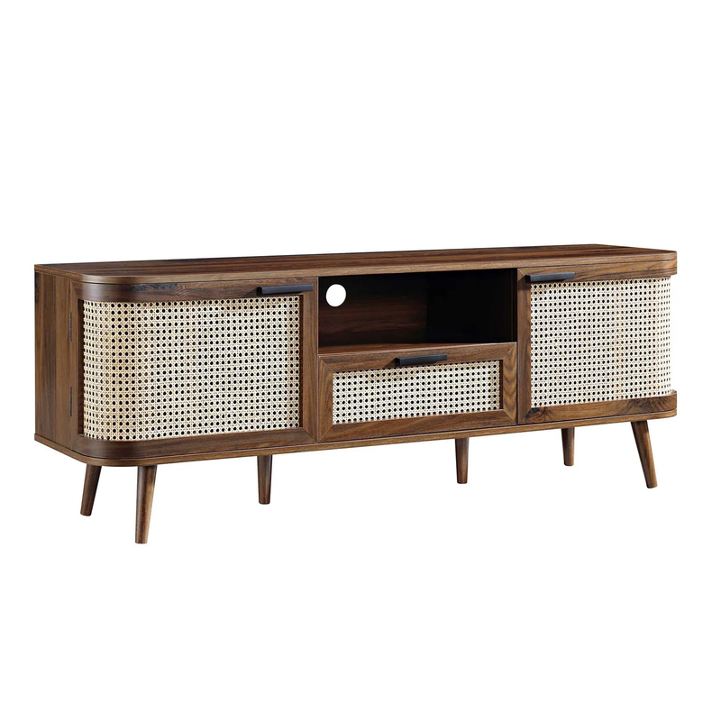 Suryavanshi Solid Wood TV Unit with Cane Woven Doors | Mango Wood Entertainment Console | Mid-Century Modern TV Stand for Living Room & Hall – Walnut Finish, Up to 65 Inch