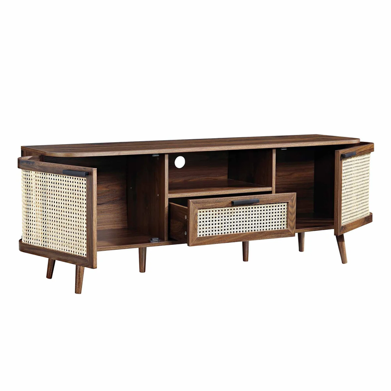 Suryavanshi Solid Wood TV Unit with Cane Woven Doors | Mango Wood Entertainment Console | Mid-Century Modern TV Stand for Living Room & Hall – Walnut Finish, Up to 65 Inch