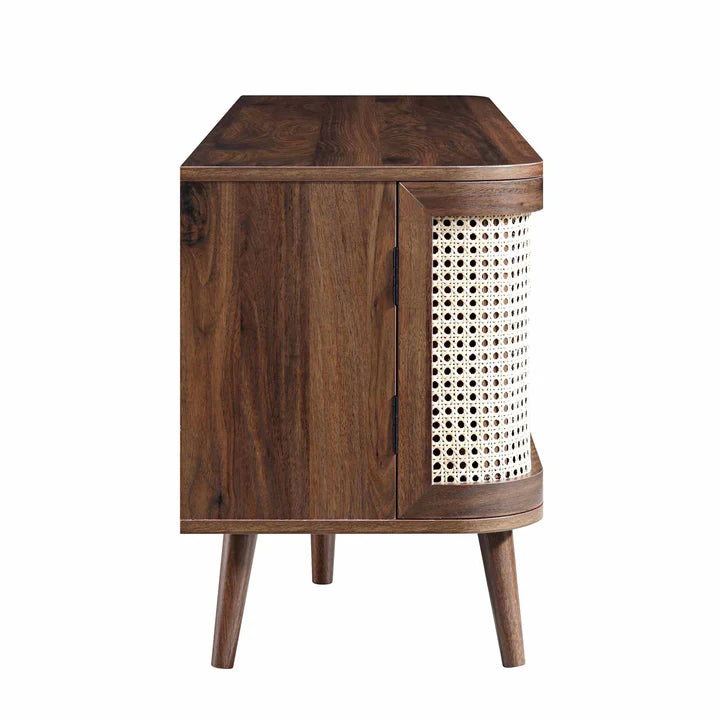 Suryavanshi Solid Wood TV Unit with Cane Woven Doors | Mango Wood Entertainment Console | Mid-Century Modern TV Stand for Living Room & Hall – Walnut Finish, Up to 65 Inch