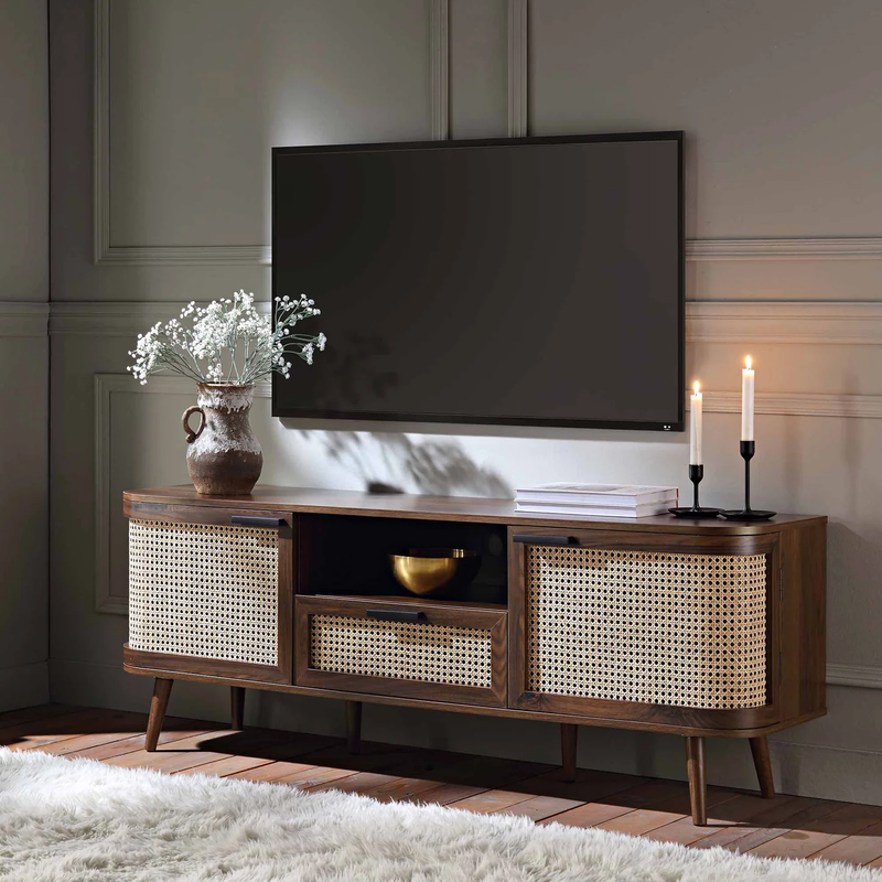 Suryavanshi Solid Wood TV Unit with Cane Woven Doors | Mango Wood Entertainment Console | Mid-Century Modern TV Stand for Living Room & Hall – Walnut Finish, Up to 65 Inch