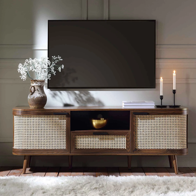 Suryavanshi Solid Wood TV Unit with Cane Woven Doors | Mango Wood Entertainment Console | Mid-Century Modern TV Stand for Living Room & Hall – Walnut Finish, Up to 65 Inch