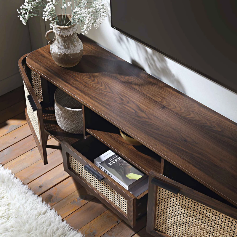 Suryavanshi Solid Wood TV Unit with Cane Woven Doors | Mango Wood Entertainment Console | Mid-Century Modern TV Stand for Living Room & Hall – Walnut Finish, Up to 65 Inch