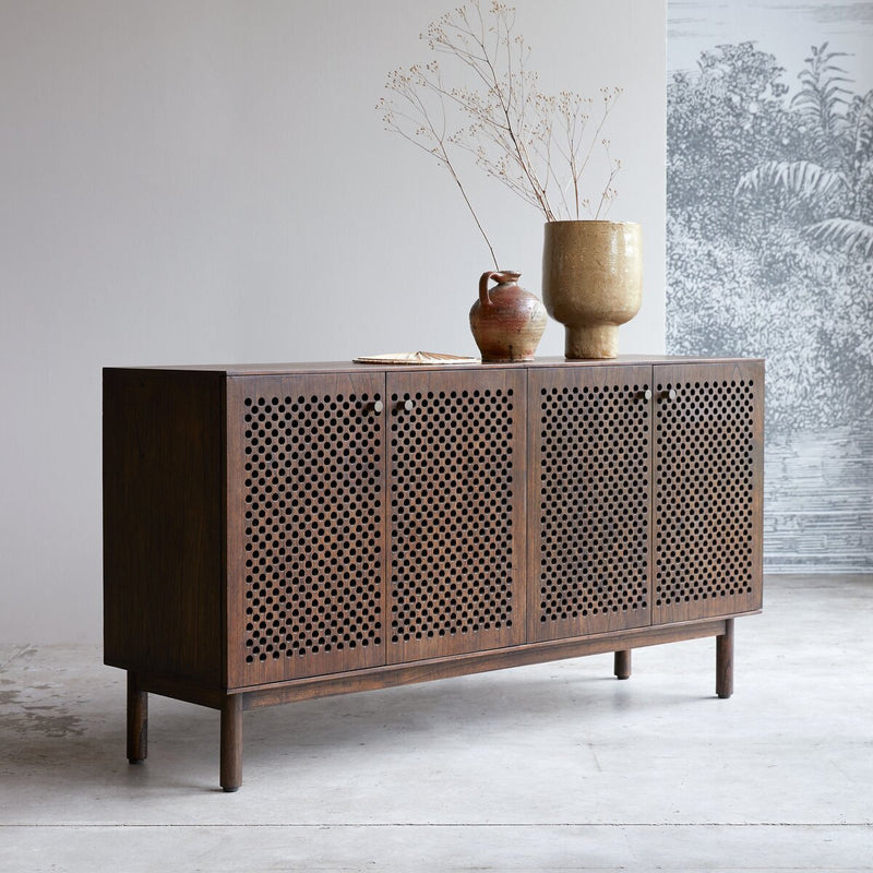 Suryavanshi Mango Wood Sideboard – 4-Door, Carved Doors (4-Door, Carving, W160 D45 H83 cm)