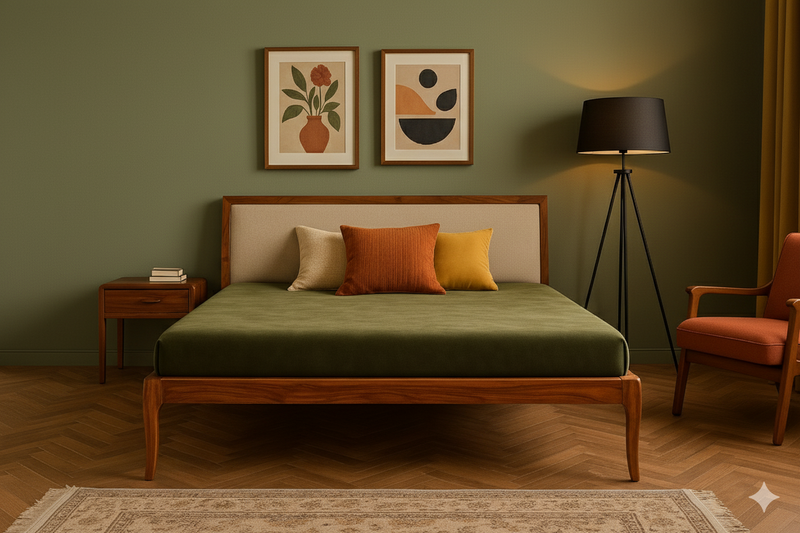 Suryavanshi Mid-Century Modern Solid Sheesham Wood Bed Without Storage with Upholstered Headboard – Queen/King Size