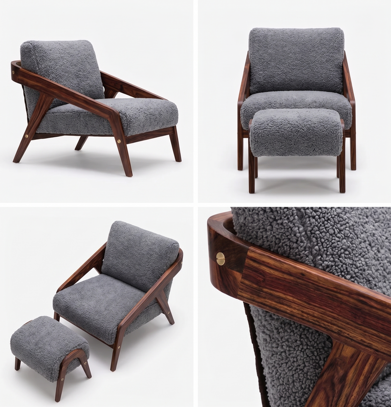 Suryavanshi NordicLuxe Wooden Lounge Armchair And Ottoman with Shearling