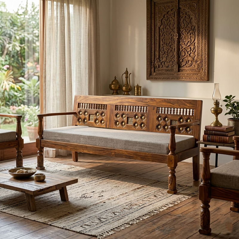 Suryavanshi Sheesham Wood Brass 5 Seater Sofa Set: Exquisite Craftsmanship and Comfort in One 3+1+1