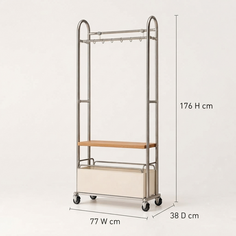 Kensington - Modern Chrome Garment Rolling Rack with Wooden Shelf & Pu Leather Storage Basket – Rolling Clothes Organizer
