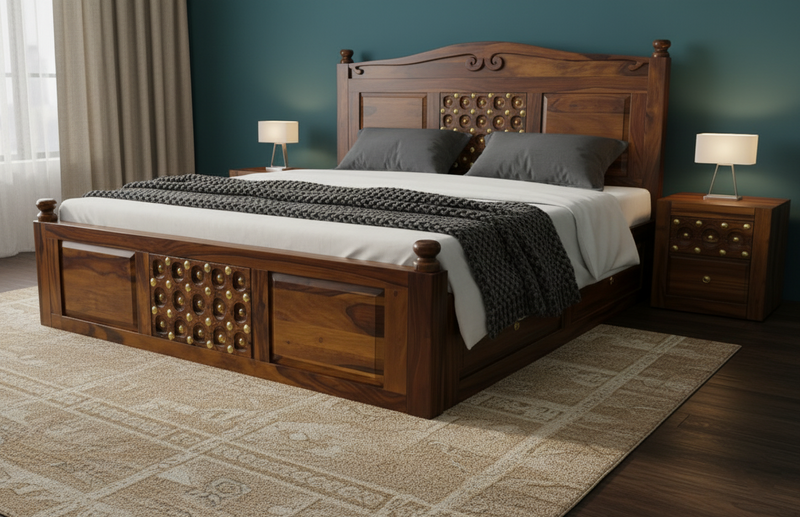 Bakhra Sheesham Wood King Size Bed with Brass Work – Handcrafted Solid Wood Bed - 6*6.5 Foot