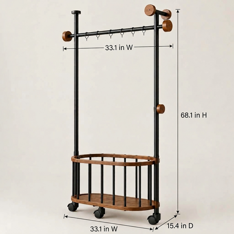 Aristo - Mango Wood & Metal Freestanding Garment Rolling Rack with Wooden Storage Shelf