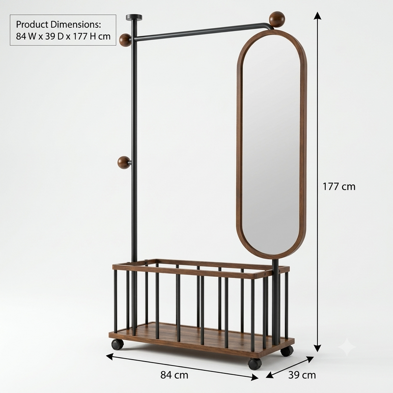 Orion - Modern Rolling Garment Rack with Full-Length Oval Mirror, Hanging Rail