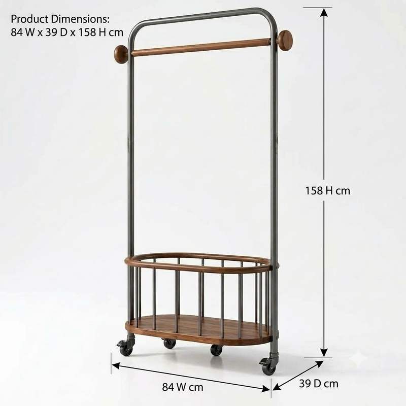 Nova - Freestanding Garment Rack with Wooden Hanging Rod & Storage Shelves – Black Metal Clothes Organizer