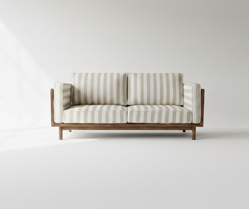 Linen Haze Striped Sofa Sheesham Wood 3 -Seater Sofa with Handwoven Cane Panel - Honey Finish