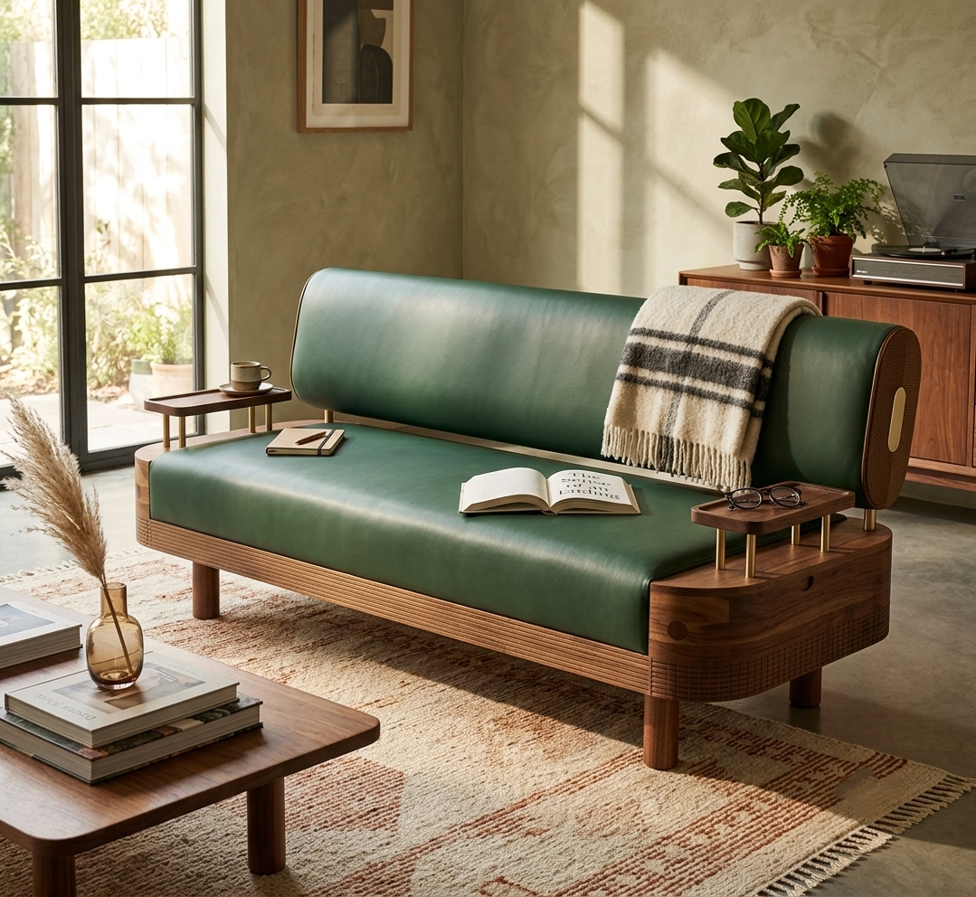 Verdant Luxe Mid-Century Sofa – Solid Sheesham Wood Frame with Olive Green Leather (Customized fabric available)