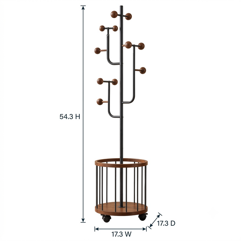 Aurelia Freestanding Modern Rolling Rack with Wooden Hooks & Round Storage Shelf – Rolling Entryway Organizer