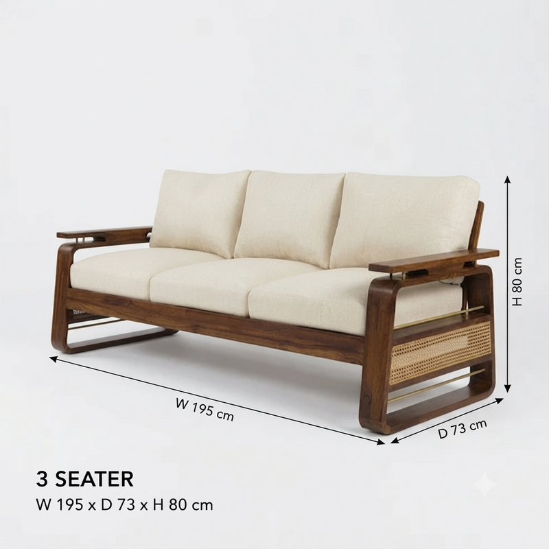 Suryavanshi Sheesham Wood Sofa Set with Handwoven Jute Fabric & Natural Rattan