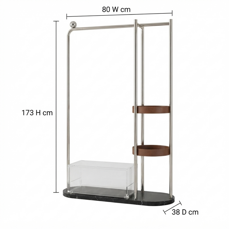 Crestwood - Modern Garment Rack with Leather-Style Storage Shelves, Marble Base & Acrylic Organizer
