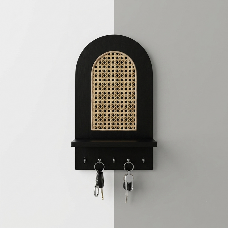 Suryavanshi Wooden Wall Mounted Key Holder with Shelf | Rattan Cane Design Key Organizer