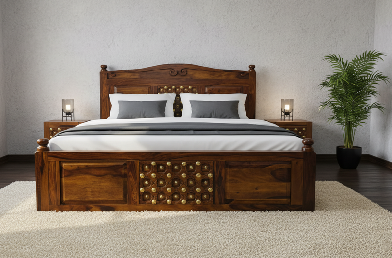 Bakhra Sheesham Wood King Size Bed with Brass Work – Handcrafted Solid Wood Bed - 6*6.5 Foot