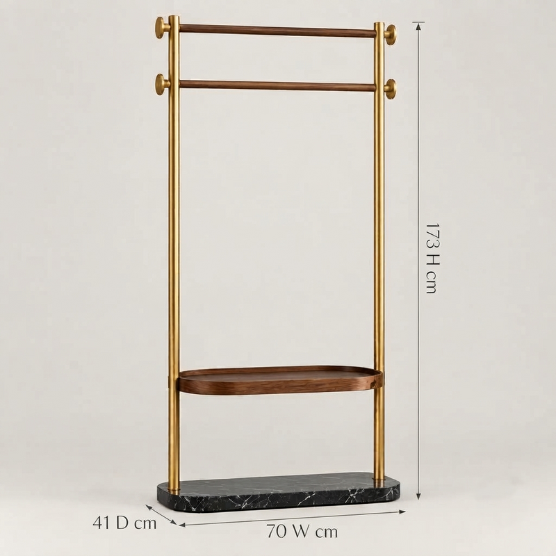 Verona - Metal & Mengo Wood Garment Rack with Marble Base and Wooden Shelf