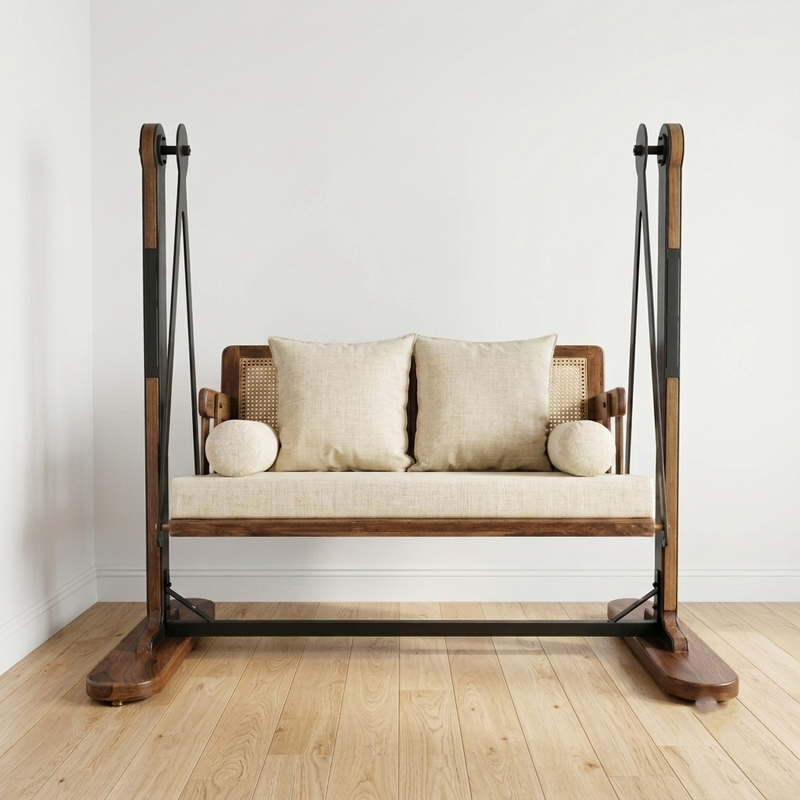 Suryavanshi 2 Seater Sheesham Wood Cane Swing Chair Reversible Back (Cream)