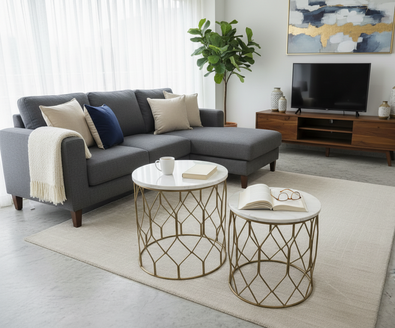 "Modern Nesting Coffee Table Set of 2 with White Marble Top & Gold Metal Base – Living Room Accent Tables"