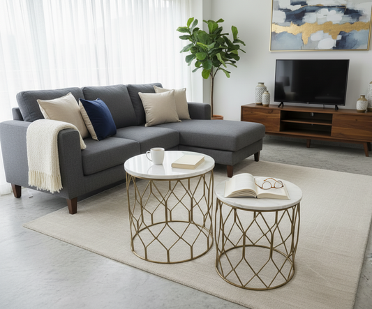 "Modern Nesting Coffee Table Set of 2 with White Marble Top & Gold Metal Base – Living Room Accent Tables"
