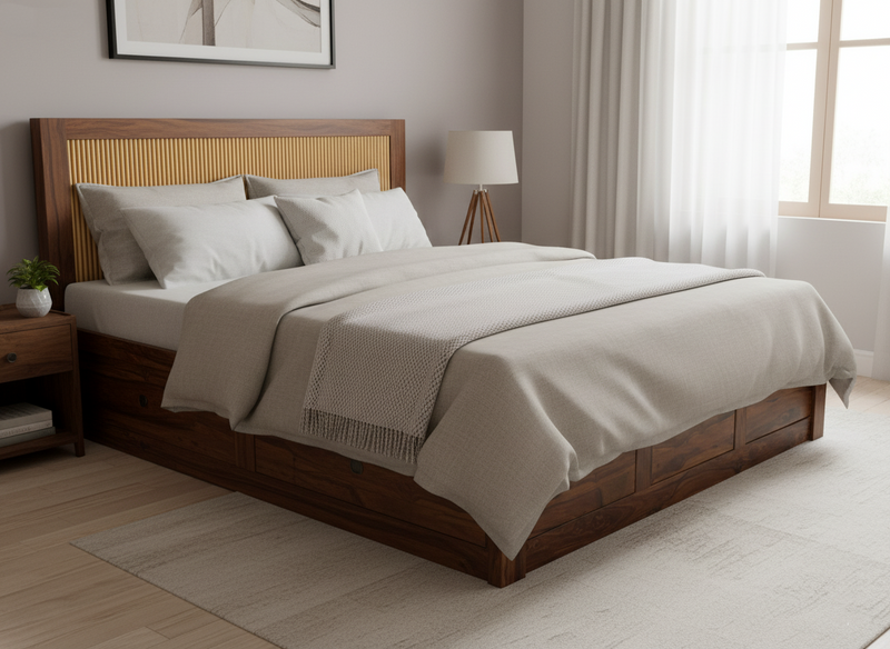 Suryavanshi Sheesham Wood King Size Bed with Headboard & Full Storage – Honey Finish