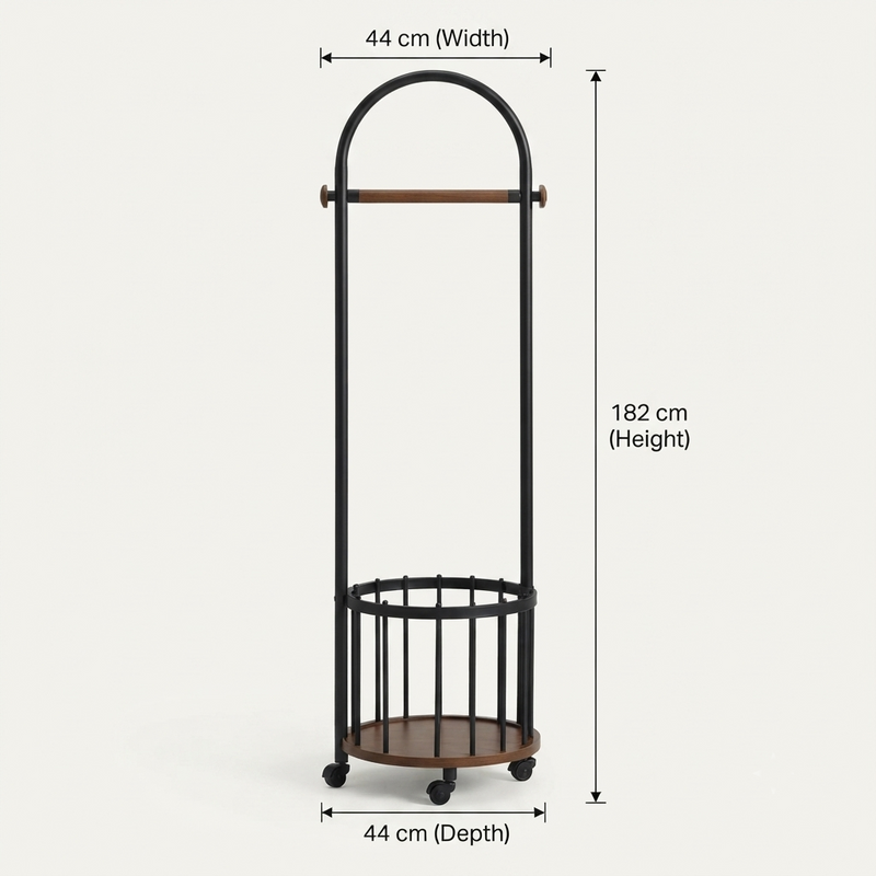 Astoria - Black Metal & Mango Wood Garment Rolling Rack with Storage Basket & Wheels