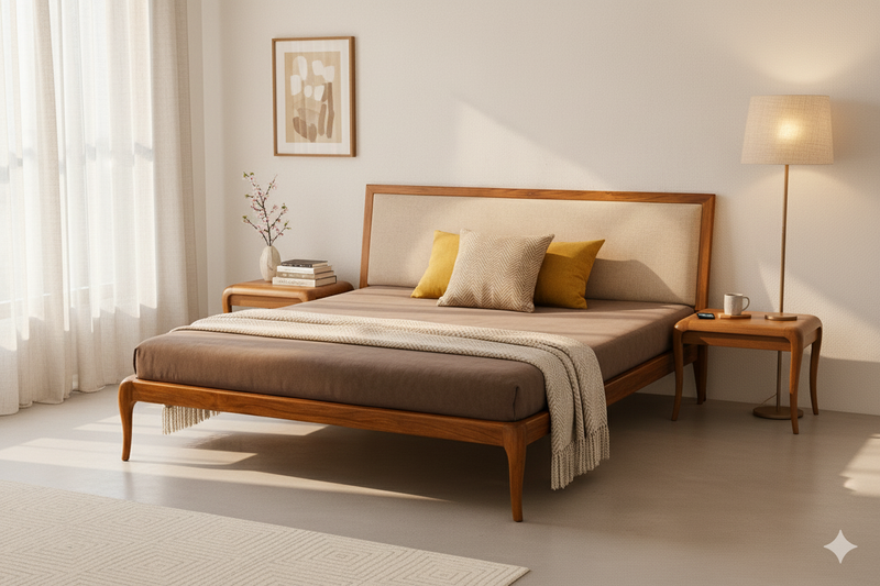 Suryavanshi Mid-Century Modern Solid Sheesham Wood Bed Without Storage with Upholstered Headboard – Queen/King Size