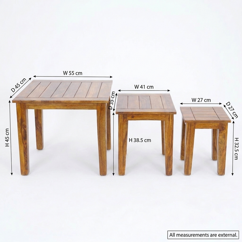 Sheesham Wood Nesting Side Tables Set of 3 – Stackable and Versatile in Honey Finish