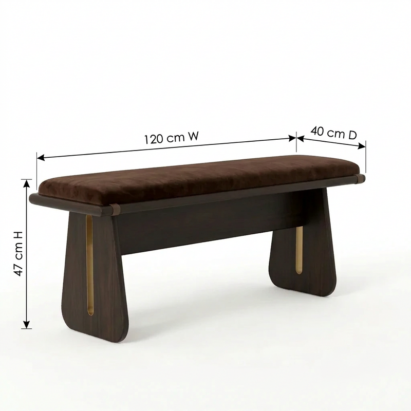 Sheesham Wood Bench with Brown Velvet Upholstered Seat