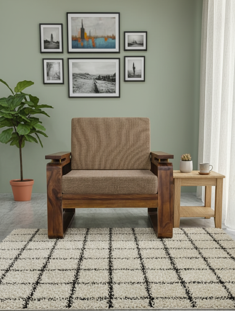Suryavanshi Sheesham Wood 1-Seater Sofa with Handwoven Jute Fabric – Classic Cane Panel Design
