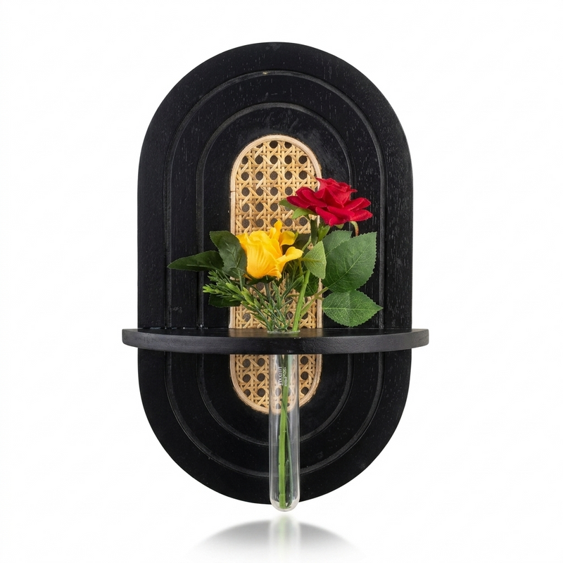 Decorative Solid Wood Wall Shelf with Test Tube Vase, Rattan Cane Accent Wall Decor