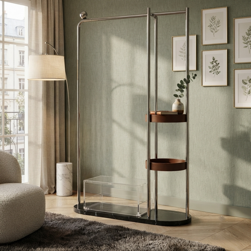 Heritage - Modern Chrome Garment Rack with Leather-Style Storage Shelves, Marble Base & Acrylic Organizer