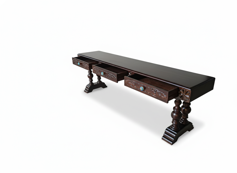 OREO Sheesham Wood Hand-Carved Console Table with Turned Legs – Dark Walnut Finish