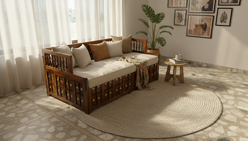 Suryavanshi Sheesham Wood Diwan Bed with Box Storage – Brass Work (W188 x D97 x H59 cm)
